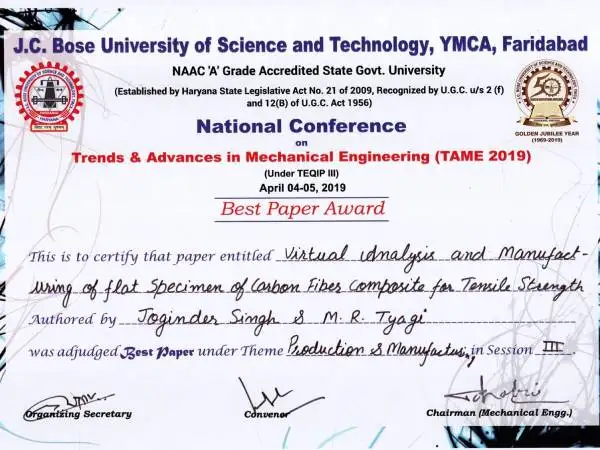 Best Paper Award in conference on Trends and Advances in Mechanical
                        Engineering in 2019