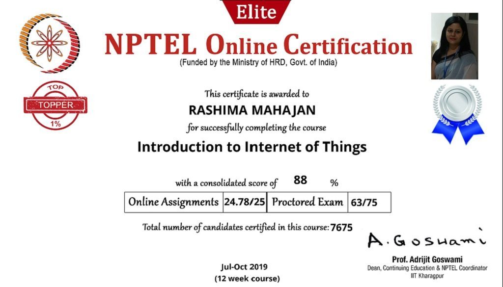 NPTEL certificate_Introduction to Internet of Things